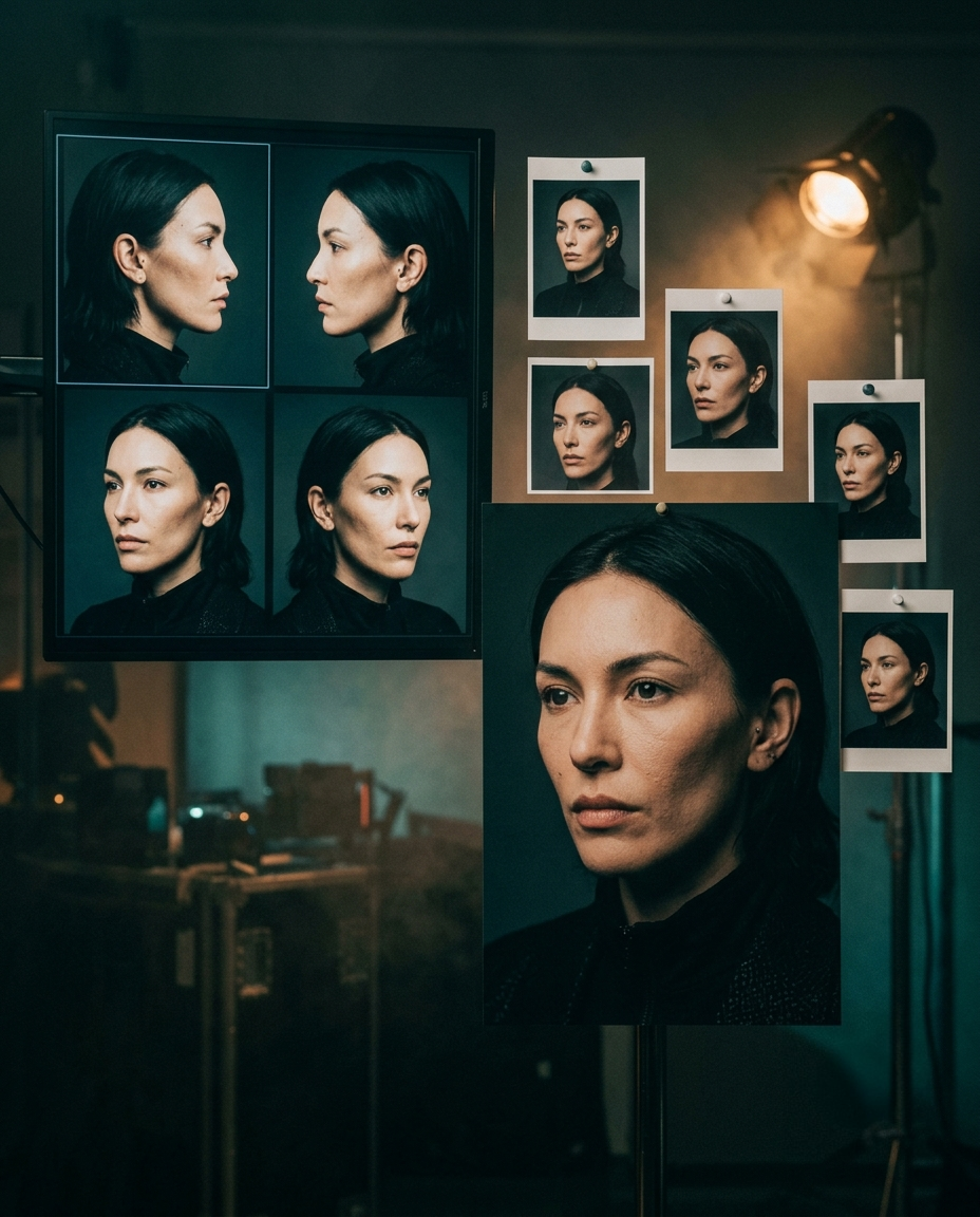 Character Lock — Every face is built once and fixed: angles, skin, wardrobe, the way they hold an expression. Lock this and a face never drifts between shots. Skip it and the whole film falls apart later.